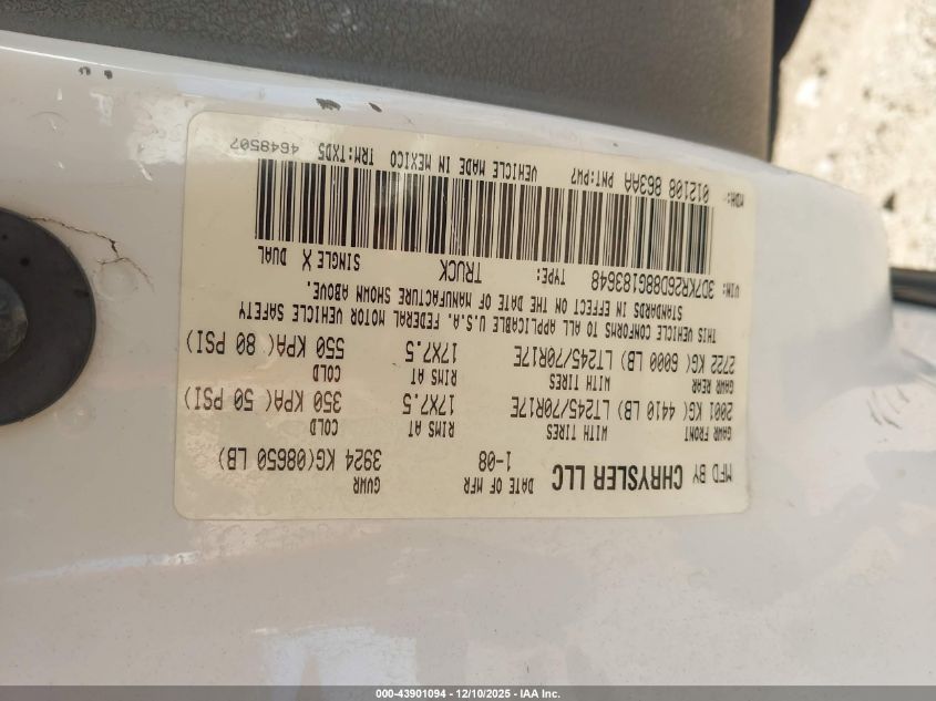 2008 Dodge Ram 2500 St/Sxt VIN: 3D7KR26D88G183648 Lot: 43901094