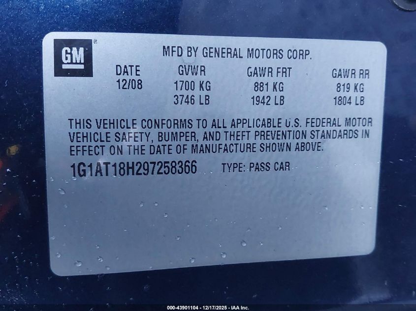 2009 Chevrolet Cobalt Lt VIN: 1G1AT18H297258366 Lot: 43901104