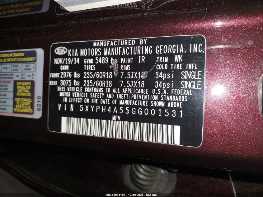 2016 Kia Sorento 3.3L Ex VIN: 5XYPH4A55GG001531 Lot: 43901107