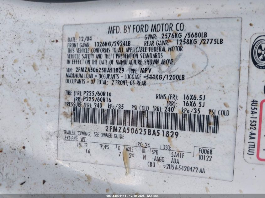 2005 Ford Freestar S VIN: 2FMZA50625BA51829 Lot: 43901111