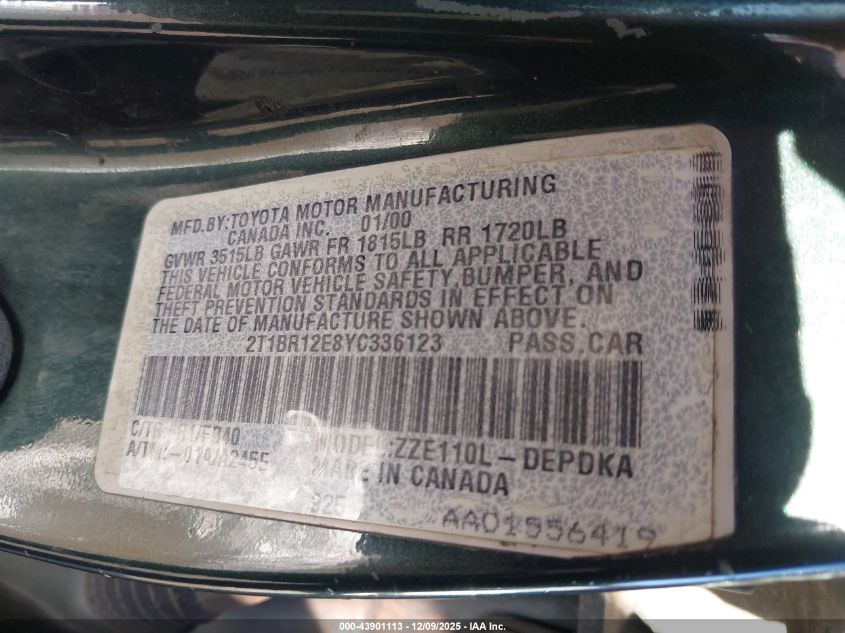 2000 Toyota Corolla Ce VIN: 2T1BR12E8YC336123 Lot: 43901113