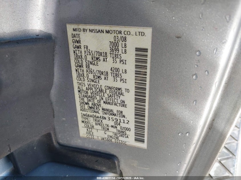 1N6BA06A48N359112 2008 NISSAN TITAN photo no. 9