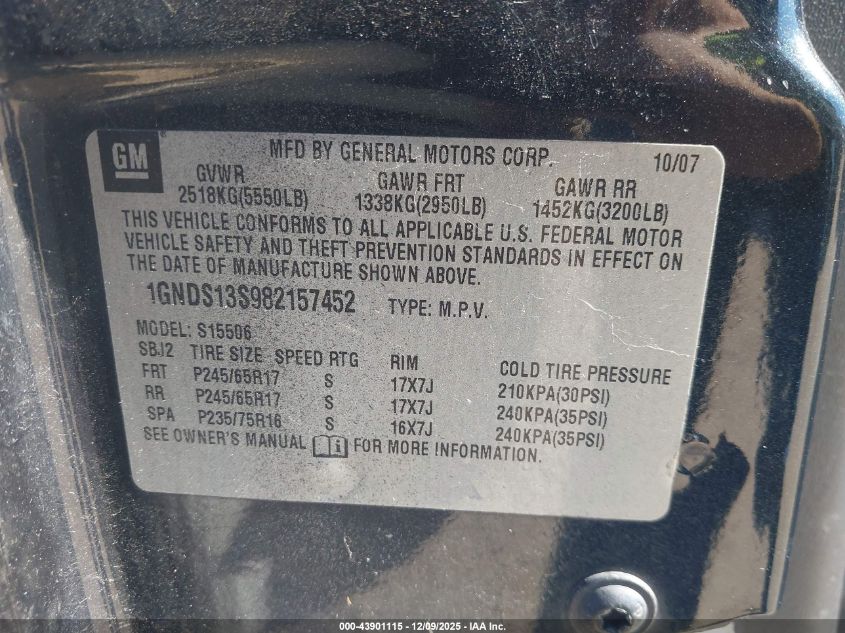 2008 Chevrolet Trailblazer Lt VIN: 1GNDS13S982157452 Lot: 43901115