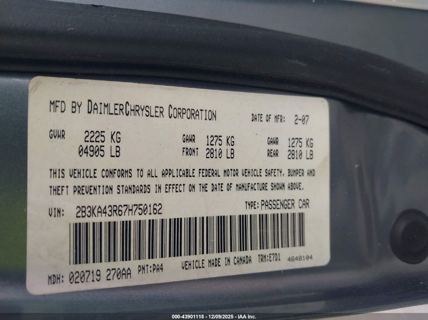 2007 Dodge Charger VIN: 2B3KA43R67H750162 Lot: 43901118
