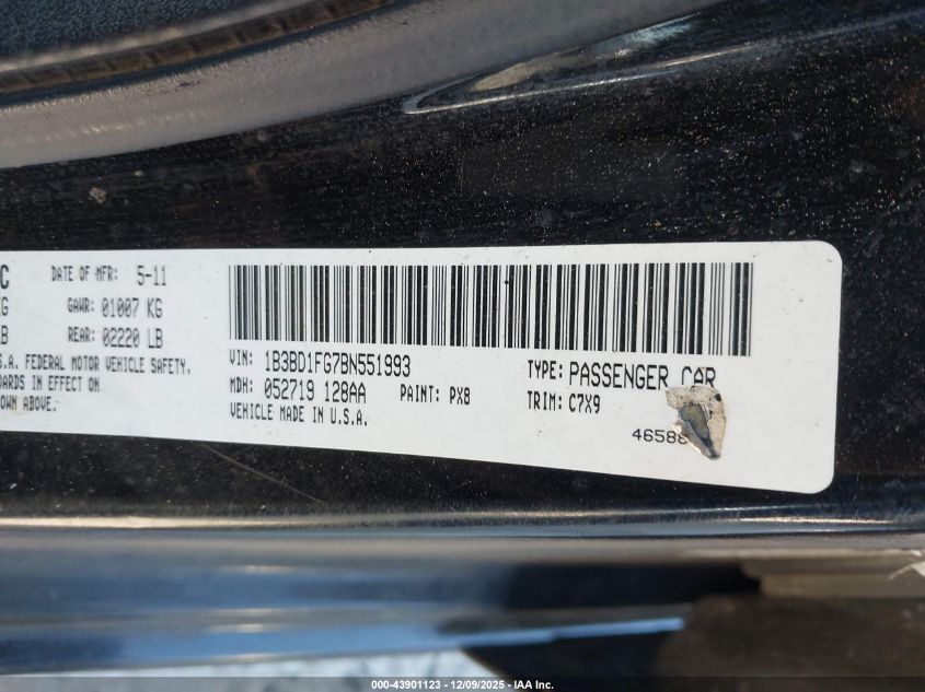 2011 Dodge Avenger Mainstreet VIN: 1B3BD1FG7BN551993 Lot: 43901123