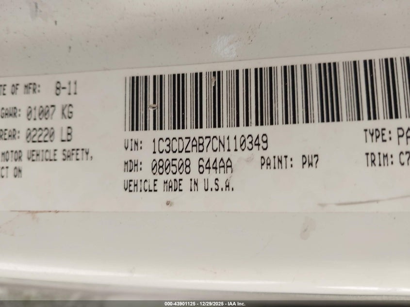 2012 Dodge Avenger Se VIN: 1C3CDZAB7CN110349 Lot: 43901125