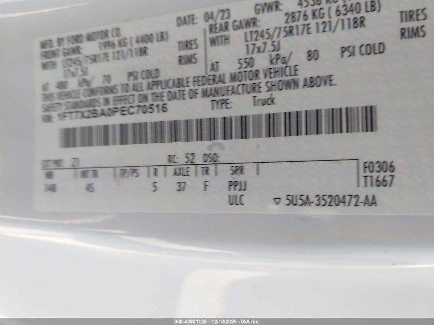 2023 Ford F-250 Xl VIN: 1FT7X2BA0PEC70516 Lot: 43901128