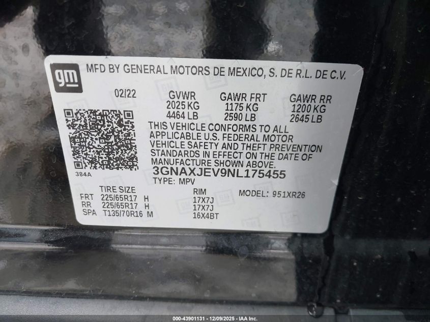 2022 Chevrolet Equinox Fwd 2Fl VIN: 3GNAXJEV9NL175455 Lot: 43901131