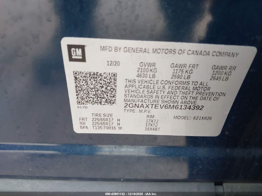 2021 Chevrolet Equinox Awd 2Fl VIN: 2GNAXTEV6M6134392 Lot: 43901132