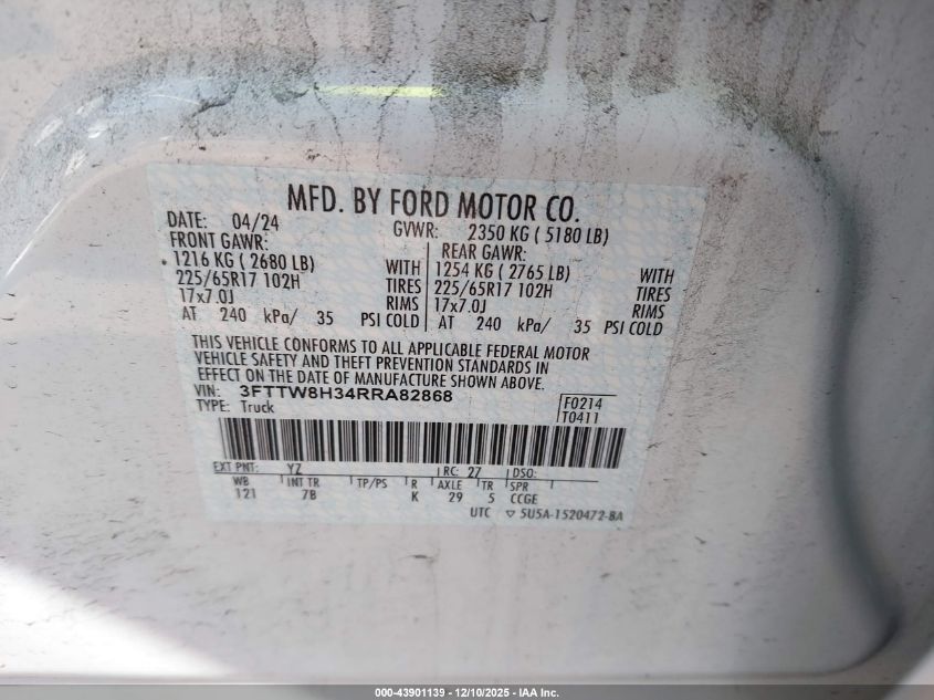 2024 Ford Maverick Xlt VIN: 3FTTW8H34RRA82868 Lot: 43901139