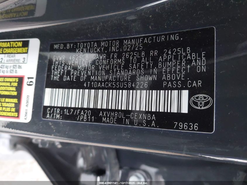 2025 Toyota Camry Le VIN: 4T1DAACK5SU584226 Lot: 43901141