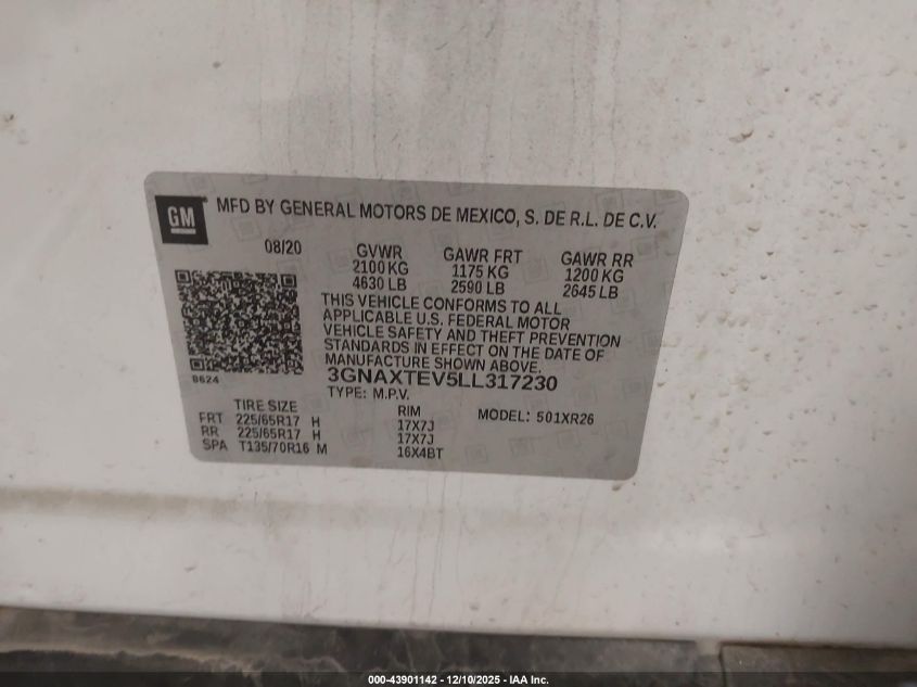 2020 Chevrolet Equinox Awd 2Fl VIN: 3GNAXTEV5LL317230 Lot: 43901142