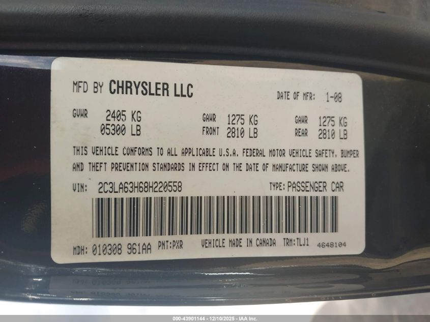 2008 Chrysler 300C Hemi VIN: 2C3LA63H68H220558 Lot: 43901144