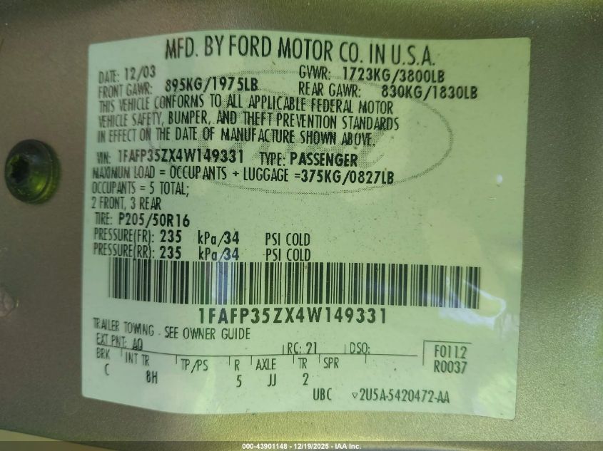 2004 Ford Focus Ztw VIN: 1FAFP35ZX4W149331 Lot: 43901148