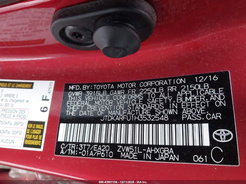 2017 Toyota Prius Four VIN: JTDKARFU1H3532548 Lot: 43901154