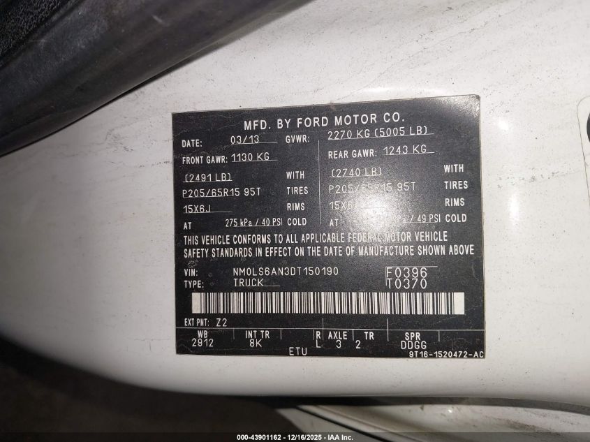 2013 Ford Transit Connect Xl VIN: NM0LS6AN3DT150190 Lot: 43901162