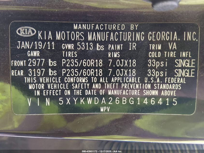 2011 Kia Sorento Sx V6 VIN: 5XYKWDA26BG146415 Lot: 43901172