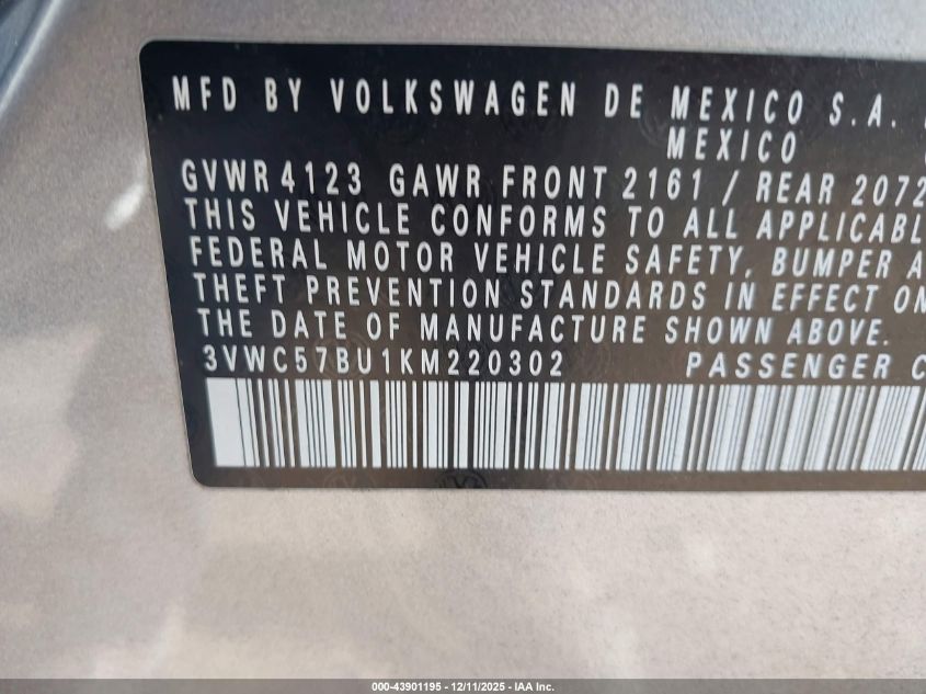 2019 Volkswagen Jetta 1.4T R-Line/1.4T S/1.4T Se VIN: 3VWC57BU1KM220302 Lot: 43901195