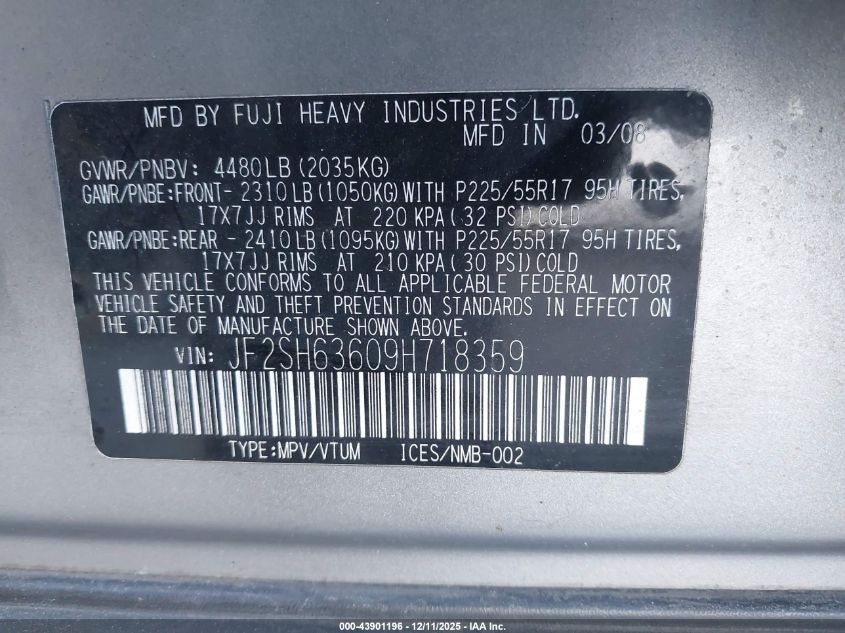 2009 Subaru Forester 2.5X VIN: JF2SH63609H718359 Lot: 43901196