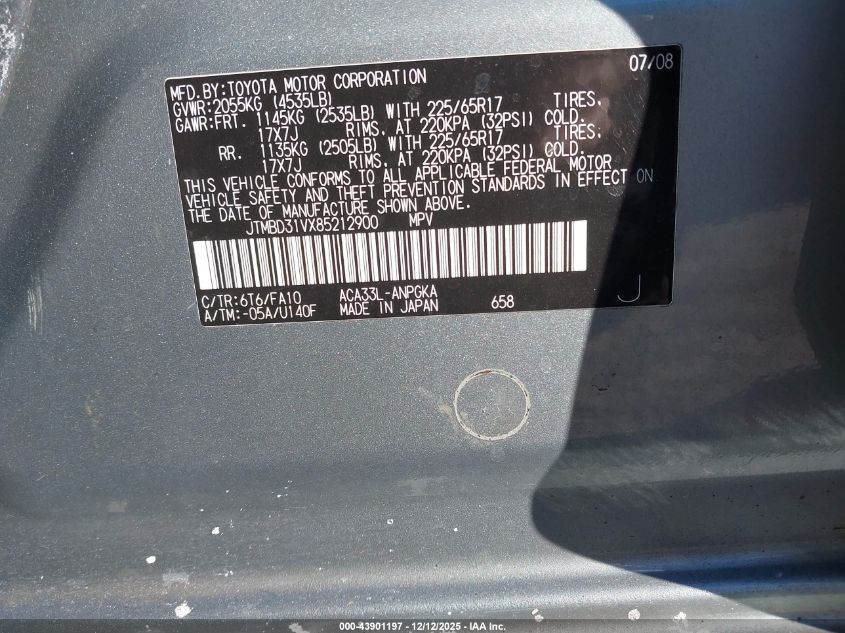 2008 Toyota Rav4 Limited VIN: JTMBD31VX85212900 Lot: 43901197