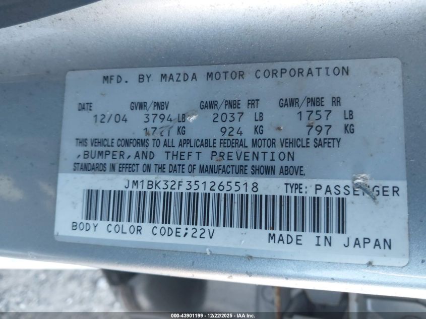 2005 Mazda Mazda3 I VIN: JM1BK32F351265518 Lot: 43901199