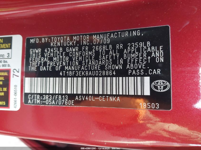 2010 Toyota Camry Le VIN: 4T1BF3EK8AU028864 Lot: 43901200