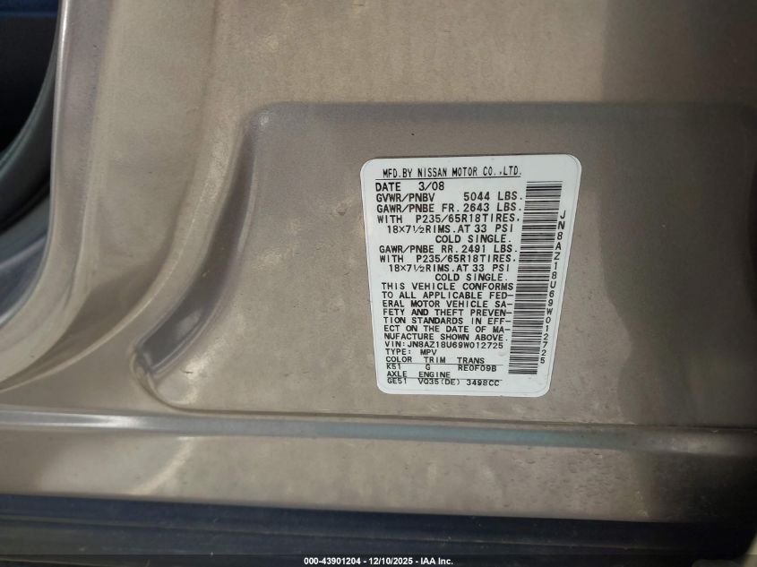 2009 Nissan Murano S VIN: JN8AZ18U69W012725 Lot: 43901204