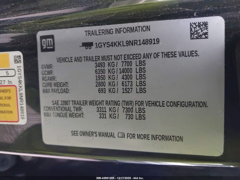 2022 Cadillac Escalade Esv 4Wd Premium Luxury VIN: 1GYS4KKL9NR148919 Lot: 43901205
