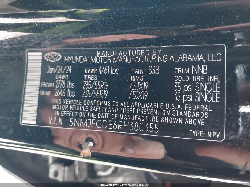 2024 Hyundai Tucson Sel VIN: 5NMJFCDE6RH380355 Lot: 43901210