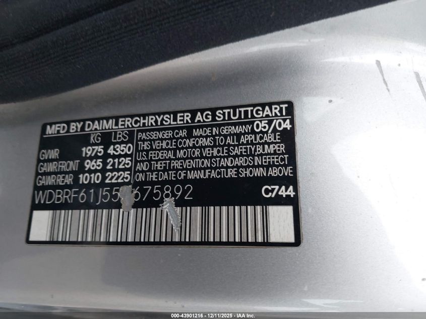 2005 Mercedes-Benz C 240 Luxury VIN: WDBRF61J55A675892 Lot: 43901216