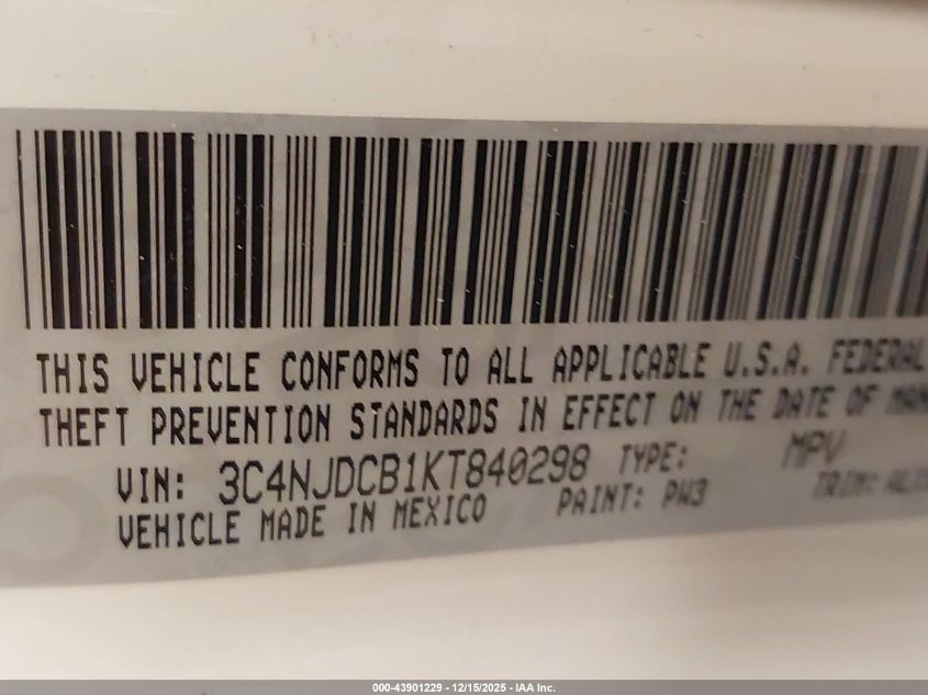 2019 Jeep Compass Limited 4X4 VIN: 3C4NJDCB1KT840298 Lot: 43901229