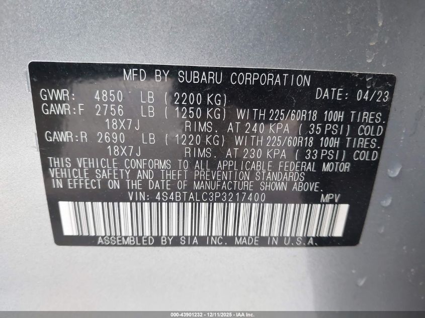 2023 Subaru Outback Onyx Edition VIN: 4S4BTALC3P3217400 Lot: 43901232