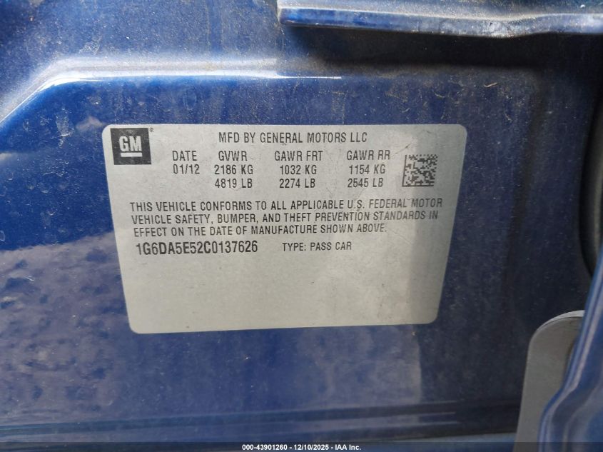 2012 Cadillac Cts Standard VIN: 1G6DA5E52C0137626 Lot: 43901260