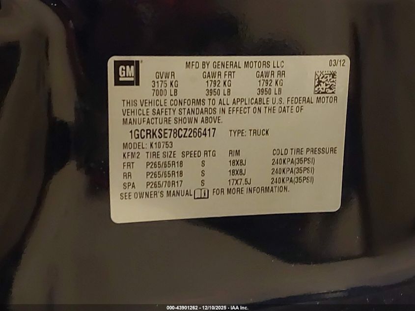 2012 Chevrolet Silverado 1500 Lt VIN: 1GCRKSE78CZ266417 Lot: 43901262