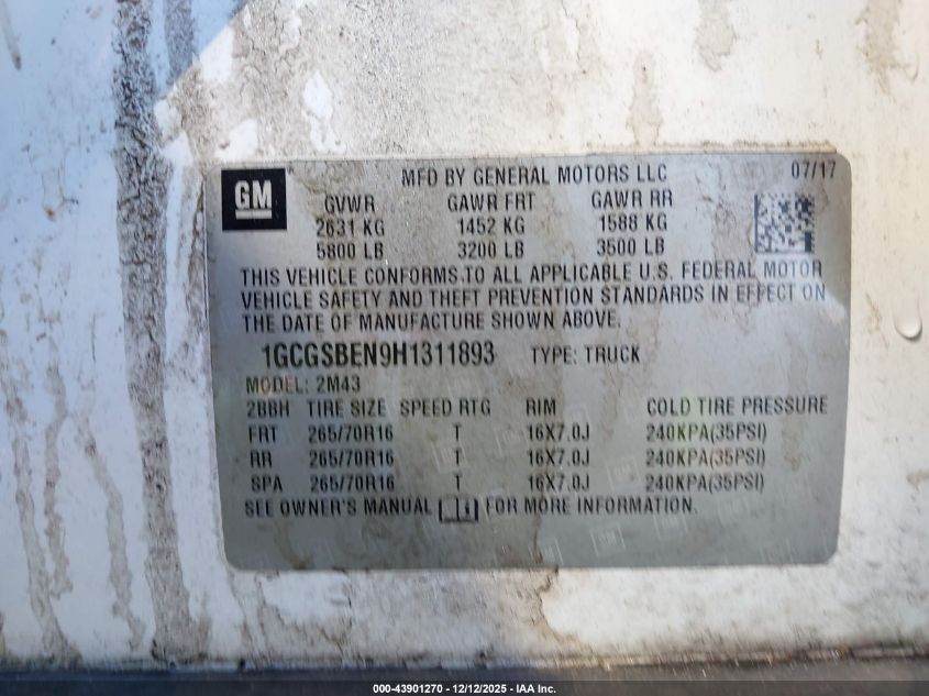 2017 Chevrolet Colorado Wt VIN: 1GCGSBEN9H1311893 Lot: 43901270