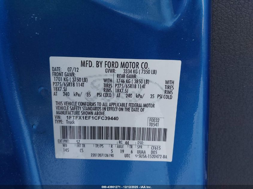 2012 Ford F-150 Stx VIN: 1FTFX1EF1CFC39440 Lot: 43901271