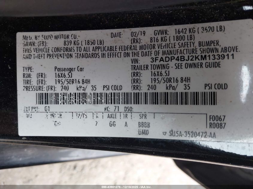 2019 Ford Fiesta Se VIN: 3FADP4BJ2KM133911 Lot: 43901276