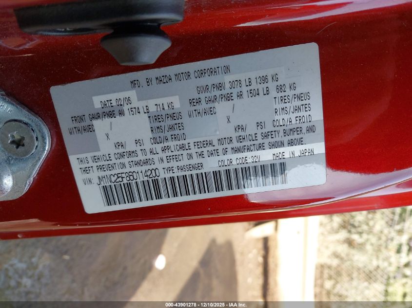 2006 Mazda Mx-5 Grand Touring VIN: JM1NC25F860114200 Lot: 43901278