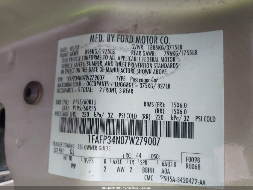 2007 Ford Focus S/Se/Ses VIN: 1FAFP34N07W279007 Lot: 43901290