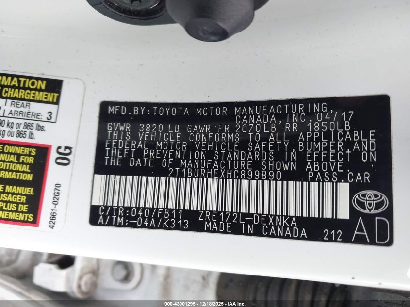 2017 Toyota Corolla Le VIN: 2T1BURHEXHC899890 Lot: 43901295