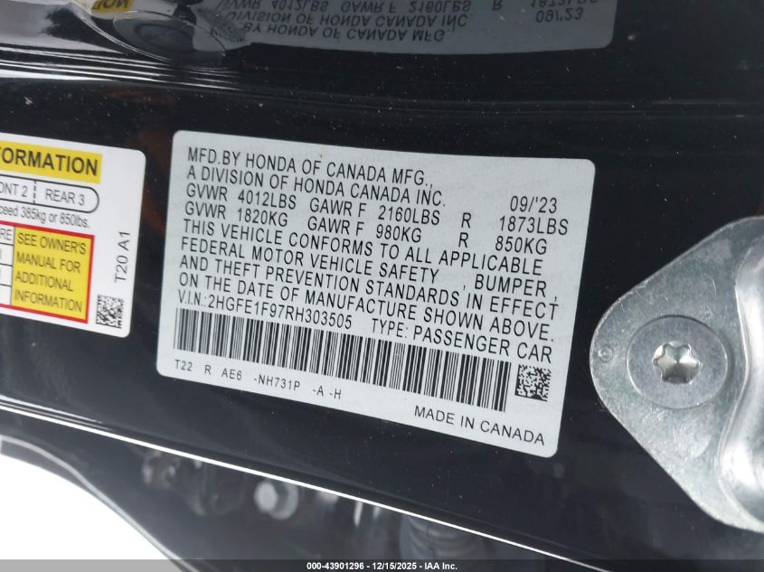2024 Honda Civic Touring VIN: 2HGFE1F97RH303505 Lot: 43901296