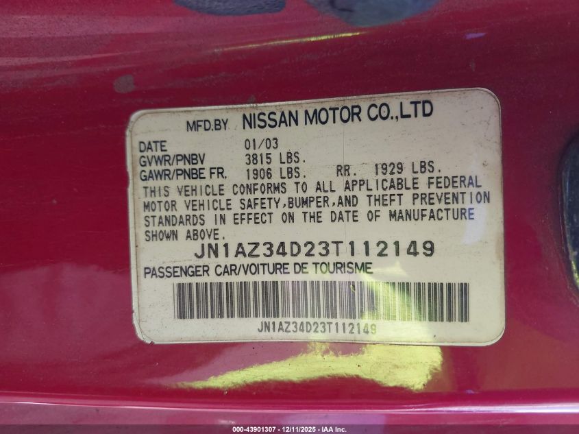 2003 Nissan 350Z Touring VIN: JN1AZ34D23T112149 Lot: 43901307