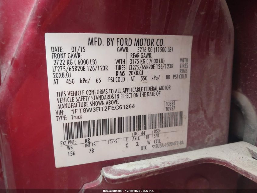 2015 Ford F-350 Lariat VIN: 1FT8W3BT2FEC61264 Lot: 43901309
