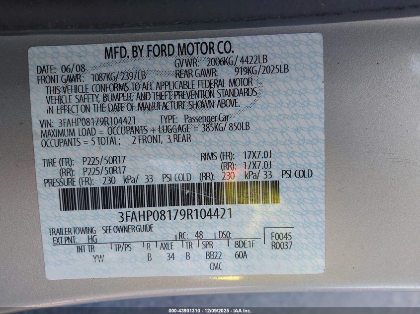 3FAHP08179R104421 2009 FORD FUSION photo no. 9