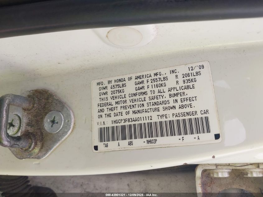 2010 Honda Accord 3.5 Ex-L VIN: 1HGCP3F83AA011112 Lot: 43901321