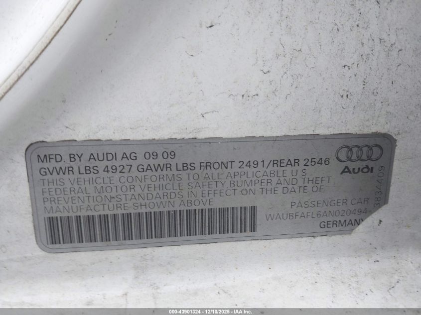2010 Audi A4 2.0T Premium VIN: WAUBFAFL6AN020494 Lot: 43901324