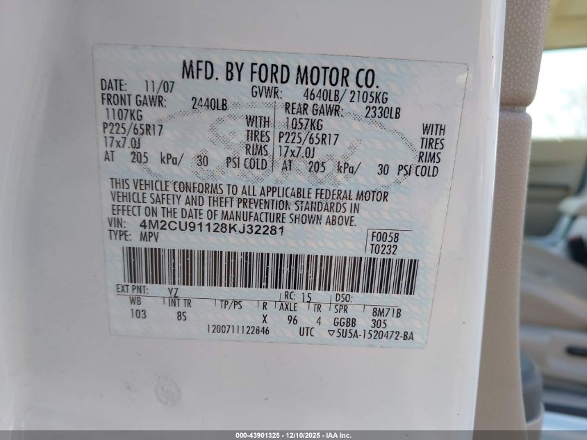 2008 Mercury Mariner V6 VIN: 4M2CU91128KJ32281 Lot: 43901325