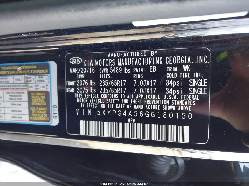 2016 Kia Sorento 3.3L Lx VIN: 5XYPG4A56GG180150 Lot: 43901327