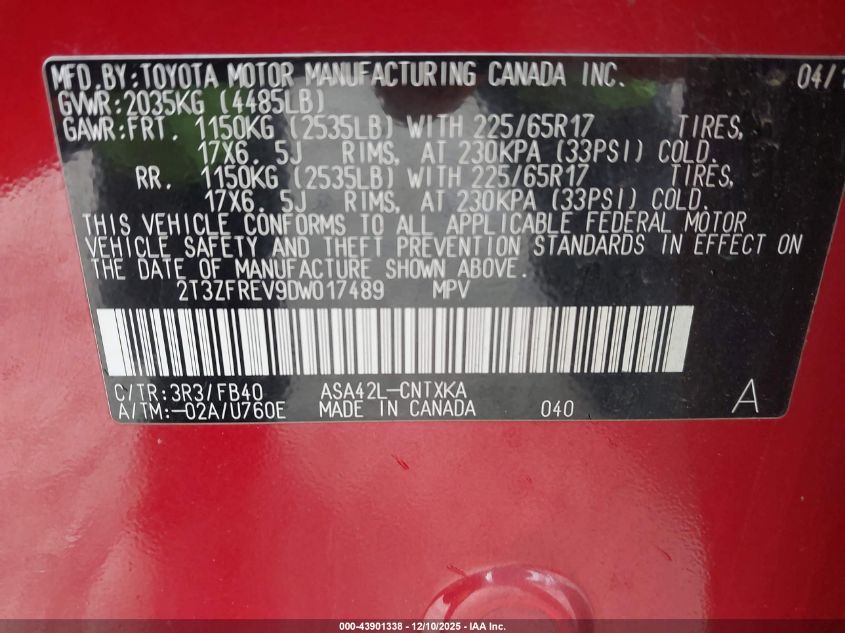 2013 Toyota Rav4 Le VIN: 2T3ZFREV9DW017489 Lot: 43901338