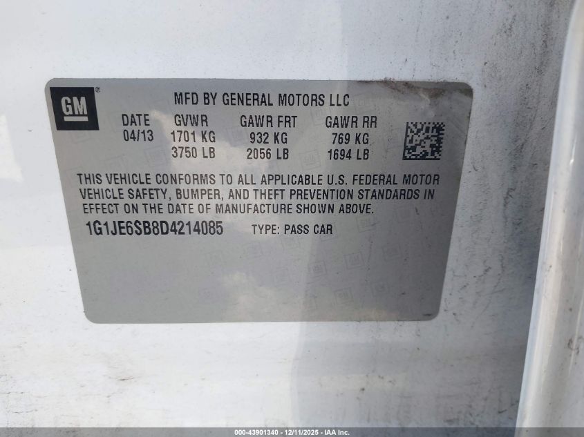 2013 Chevrolet Sonic Ltz Auto VIN: 1G1JE6SB8D4214085 Lot: 43901340